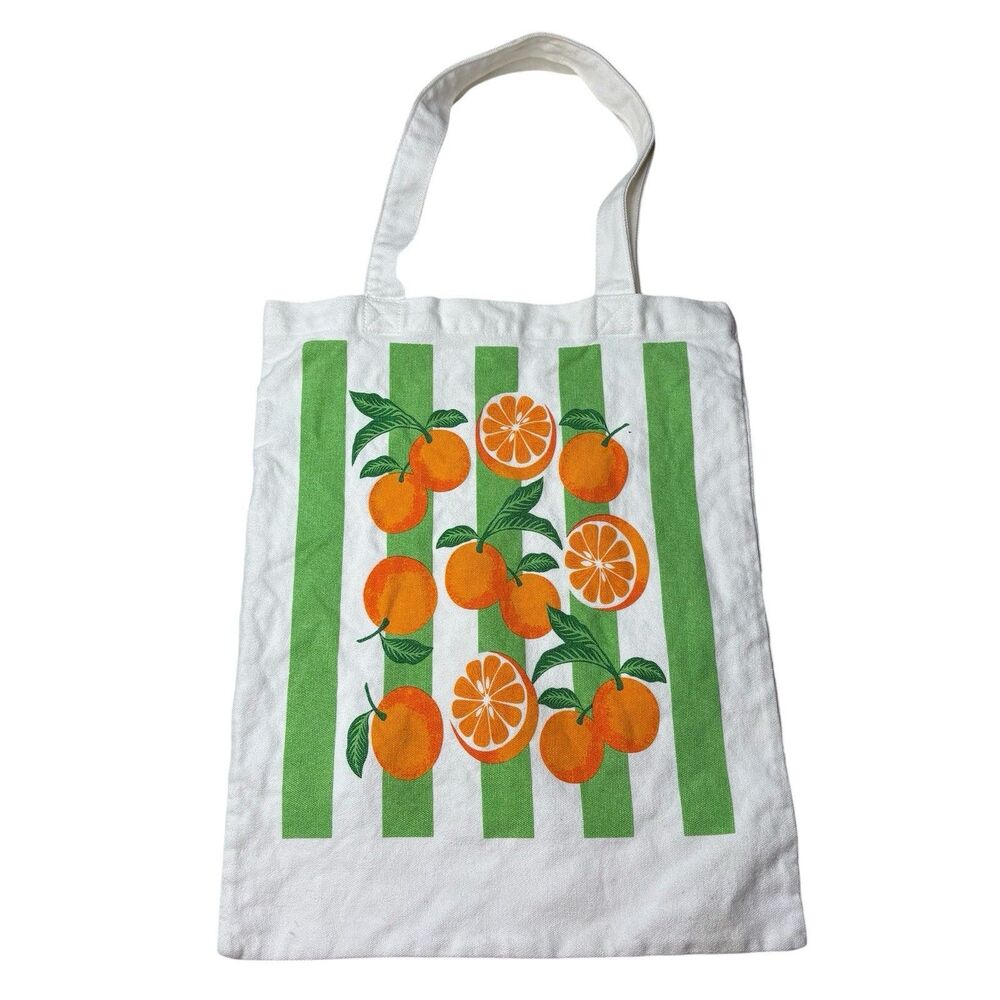 Oranges Green Striped Graphic Canvas White Tote Bag 100 % cotton EUC 16" x 13"